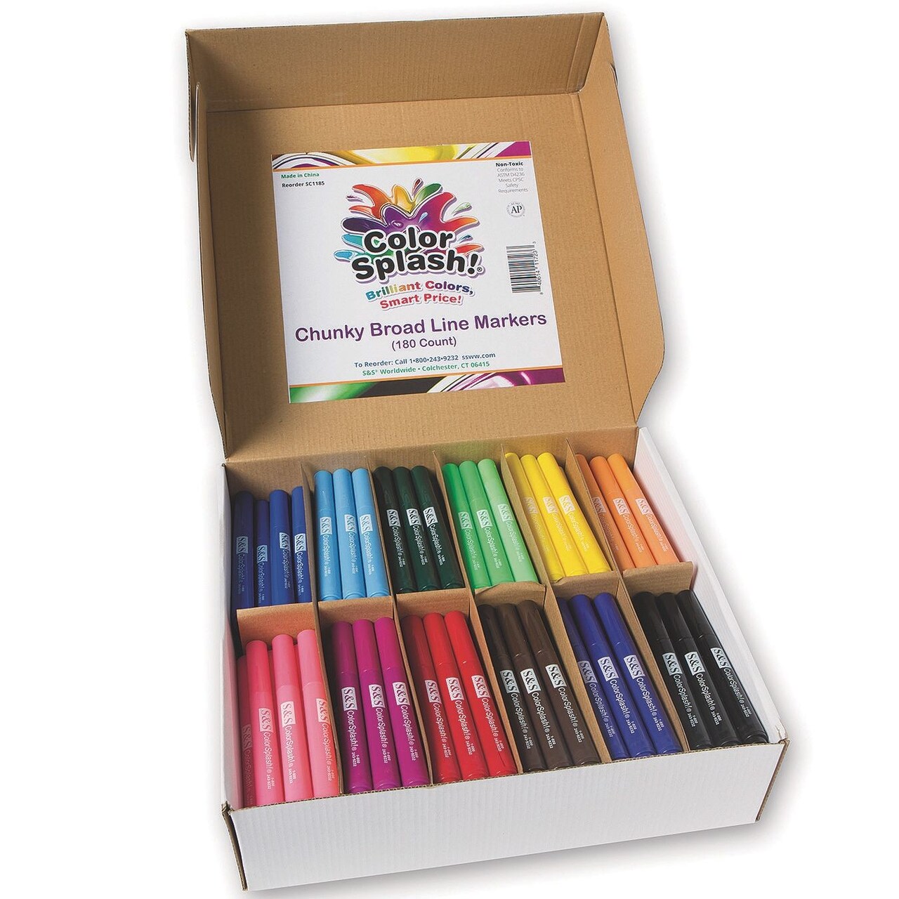 S&S Worldwide Color Splash! Chunky Broad Line Marker Bulk Pack, 15 Ea of 12 Bold Colors, Conical Tips, Extra Big Barrels, For Kids & Adult Coloring, Water-based & Washable, Non-Toxic, Pack of 180